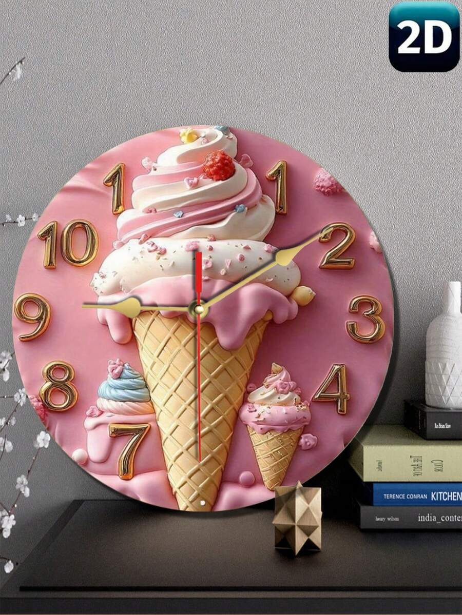Pink Ice Cream Pattern 2D Flat Wooden Wall Clock - Colorful And Detailed Dessert Decoration For H... | SHEIN