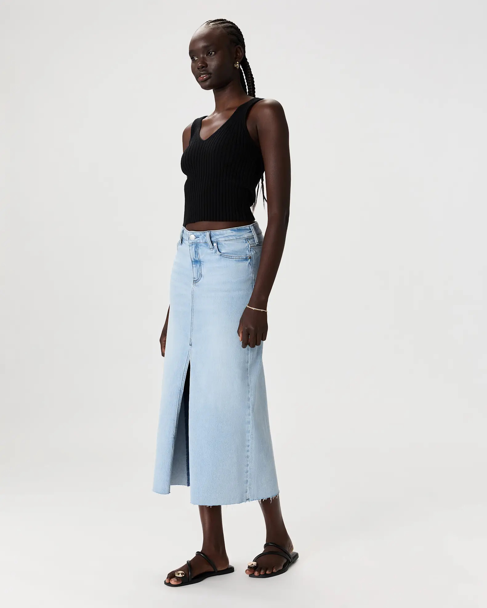 Stretch Denim 5-Pocket Midi Skirt in Cool Blue | Quince