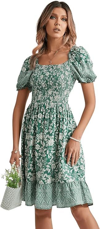 SweatyRocks Women's Floral Short Sleeve Square Neck Dress Ruffle A Line Mini Dresses | Amazon (US)
