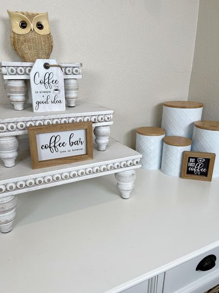 Cute Coffee Corner with Versatile Pedestals and a Pretty Canister Set on top of my Favorite Hutch with Drawers! #coffeebar #coffee #coffeebardecor #canisterset #hutch #homedecor #home #amazon #amazonhome #founditonamazon

#LTKHome
