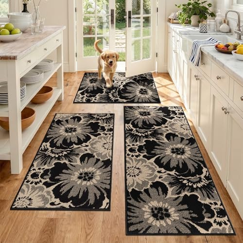 Findosom Washable Kitchen Rug Set of 3, Non Slip High-Low Textured Floral Hallway Runner Rug with Rubber Backing, Boho Carpet Runner for Kitchen, Entryway, Bedroom, Laundry, Black & Beige | Amazon (US)