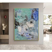 Light Green Abstract Canvas Oil Painting Textured Landscape Art Modern Home Wall Decor For Living Room Blue Artwork | Etsy (US)
