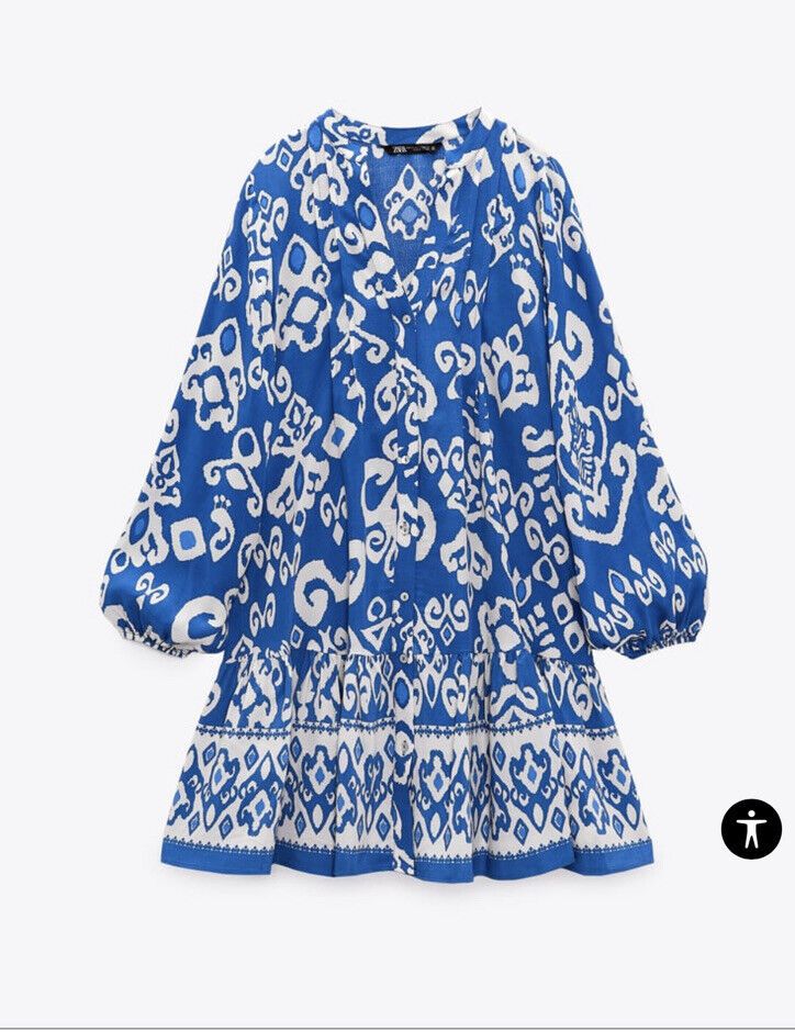 ZARA PRINTED MINI DRESS SIZE MEDIUM BLUE AND WHITE Long Sleeve V Neck | eBay US