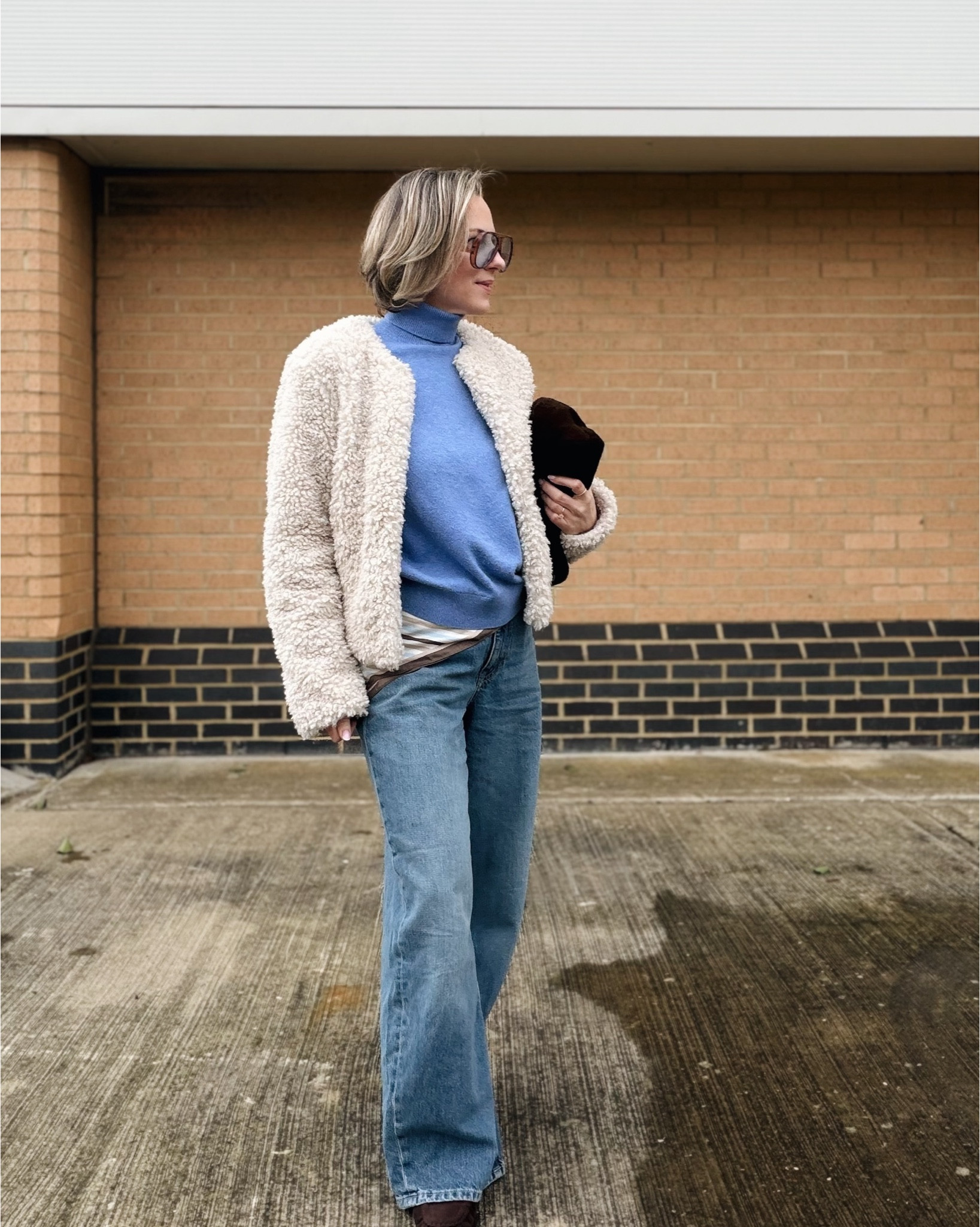 Blue jumper, Jeans outfit, January outfit, Wide Leg Jeans, Roll neck jumper, Fluffy jacket 

#LTKuk #LTKwinter
