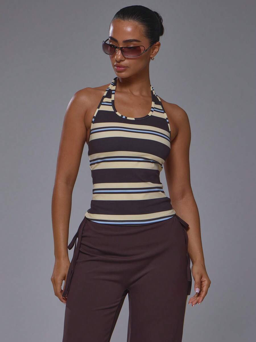 Musera Sport Striped Scoop Neck Fitted Open Back Soft Touch Active Fitted Top Coord Top Only Spor... | SHEIN