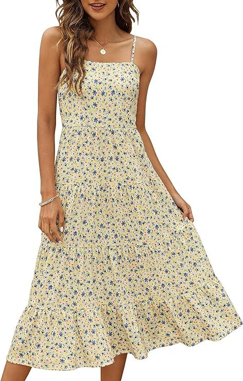 Lyrur Summer Dresses for Women Sexy Tiered Midi Dresses Spaghetti Straps Beach Babydoll Casual Bo... | Amazon (US)