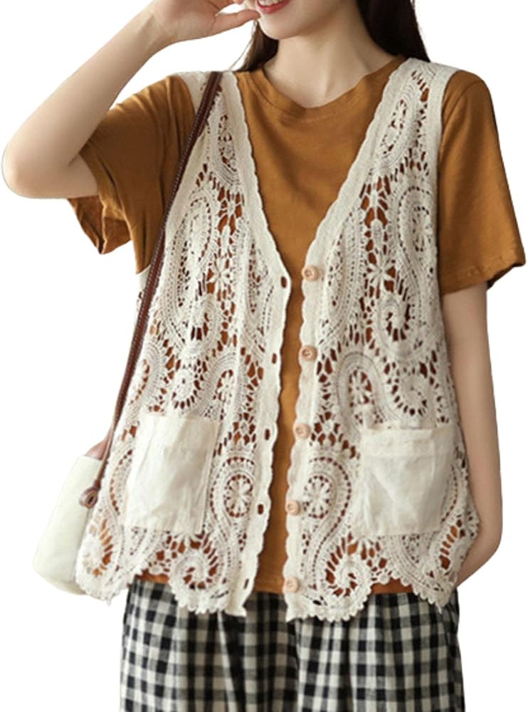 FindThy Women’s Hollow Out Crochet Vest Button Up V Neck Stitch Cardigan Boho Waistcoat Shrug | Amazon (US)