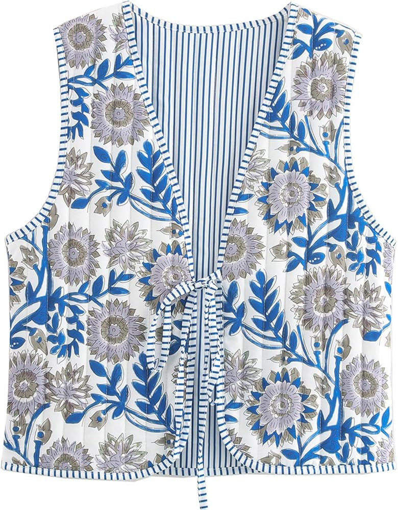 Wyeysyt Women's Cropped Floral Quilted Puffer Vest Printed Lightweight Sleeveless Padded Gilet Ou... | Amazon (US)