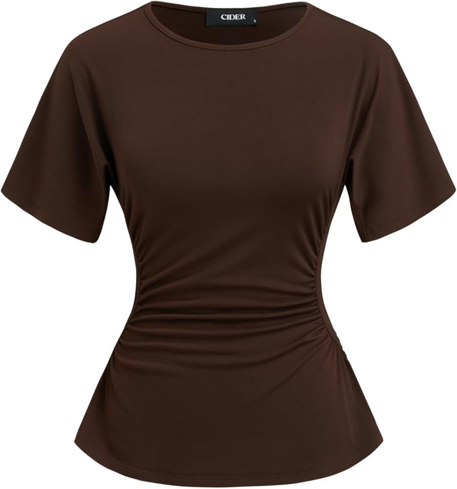 CIDER Women's Tight Waist Going Out Shirt Short Sleeve Ruched Slim Fit Casual Top for Women Trend... | Amazon (US)
