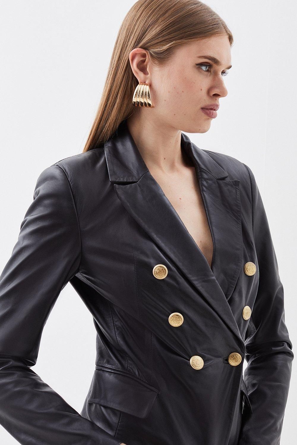 Leather Gold Button Blazer | Karen Millen US