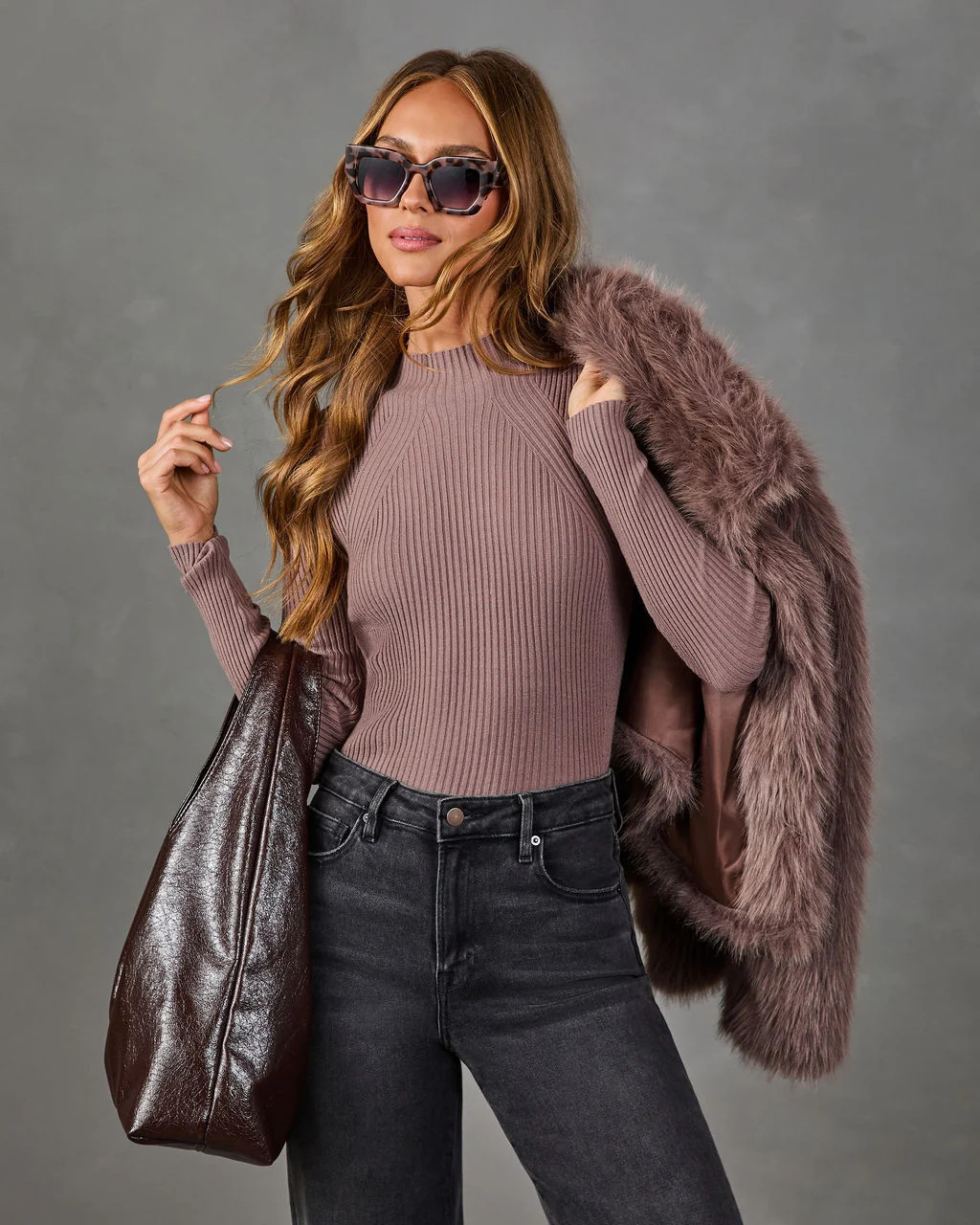 Tobey Ribbed Mock Neck Sweater Brown / XS | VICI