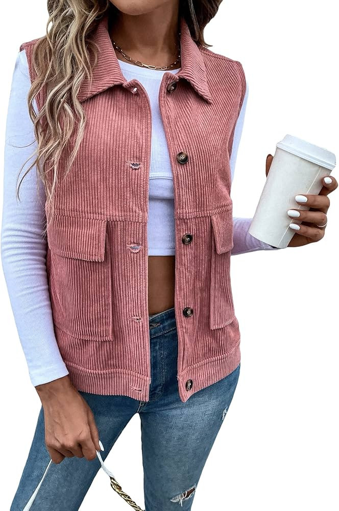 WDIRARA Women's Button Front Sleeveless Collar Corduroy Vest Jacket with Pocket | Amazon (US)