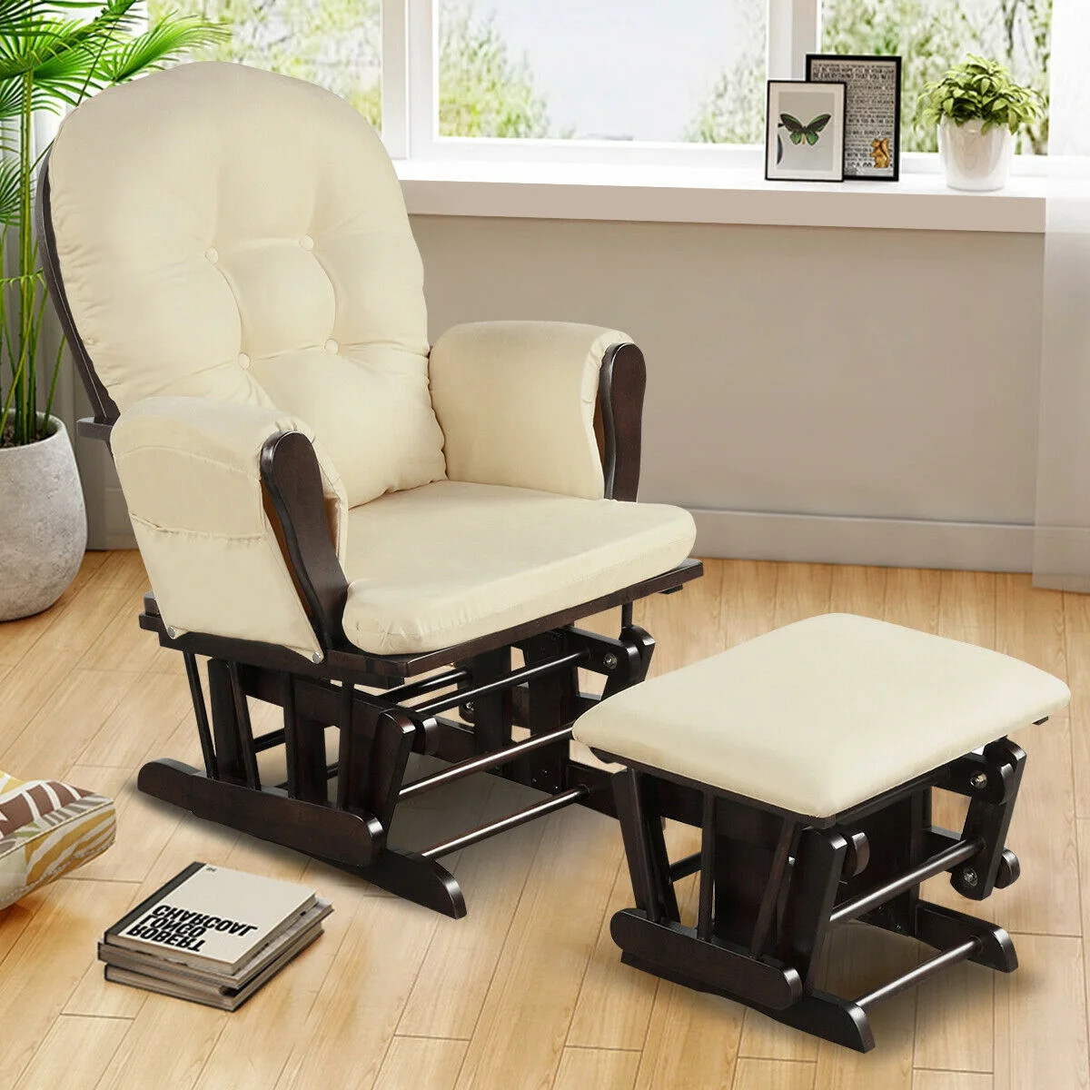 Costway Glider and Ottoman Cushion Set Wood Baby Nursery Rocking Chair Beige | Walmart (US)