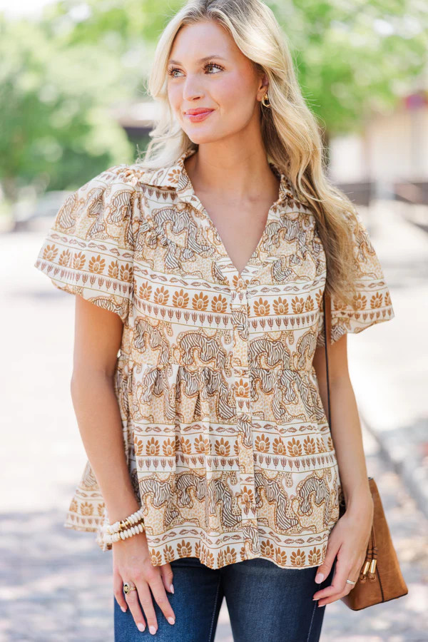 In This Place Taupe Brown Printed Blouse | The Mint Julep Boutique
