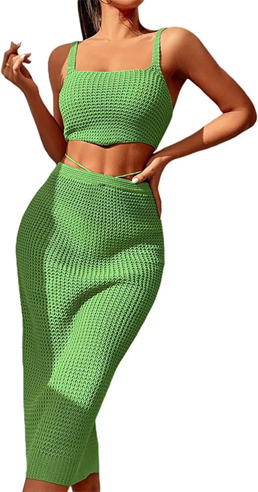 MakeMeChic Women's 2 Piece Crochet Swimsuit Cover Up Crop Tank Top and High Waisted Beach Skirt S... | Amazon (US)