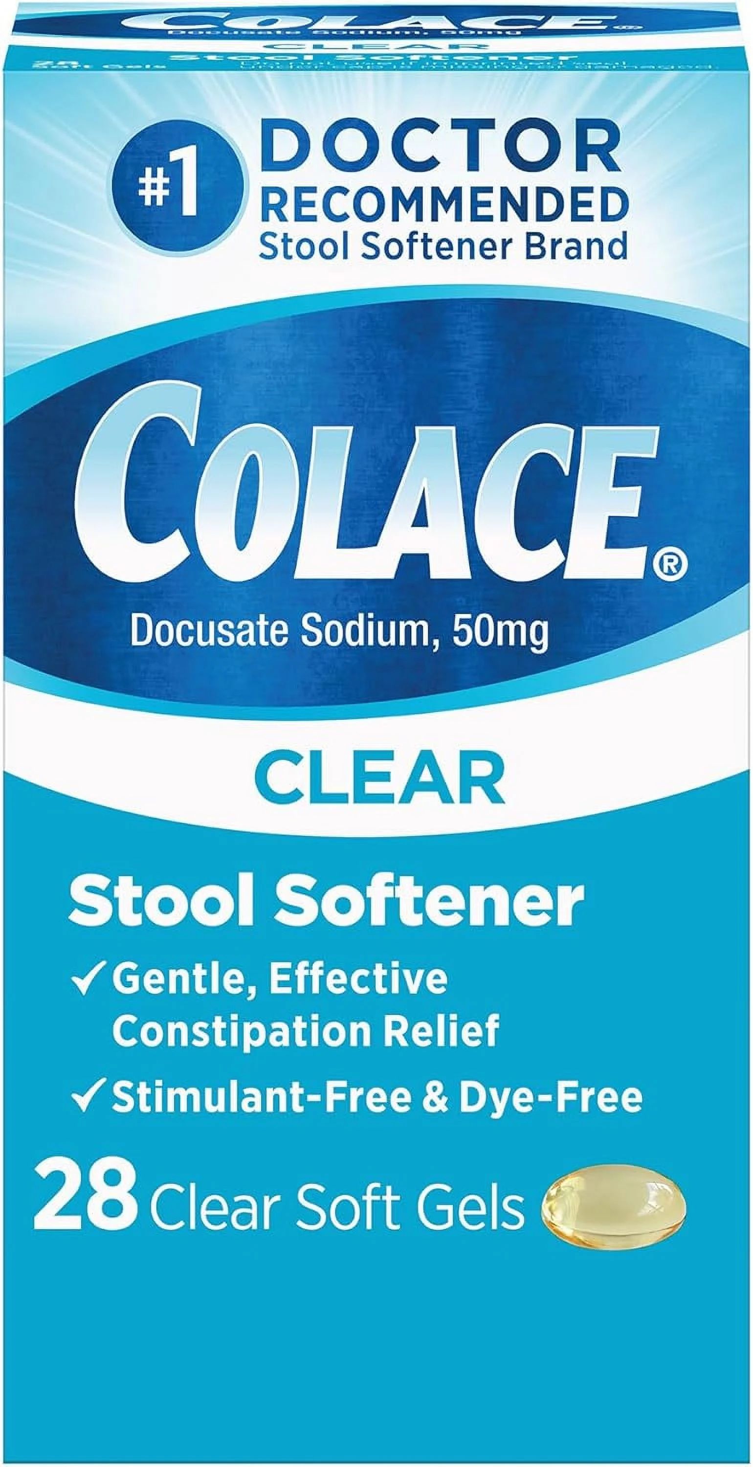 Colace Clear Stool Softener Soft Gel Capsules Constipation Relief 50mg Docusate Sodium, 28 Ct | Walmart (US)