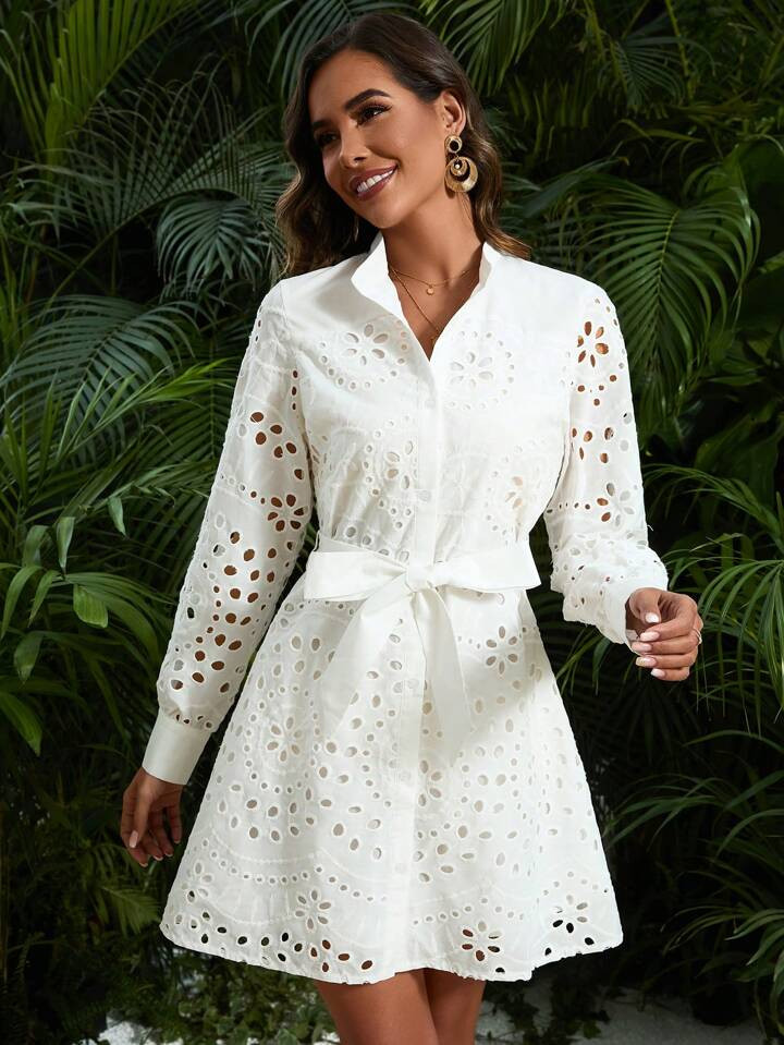 SHEIN VCAY Women's Sheer Embroidered Belted Shirt Dress | SHEIN