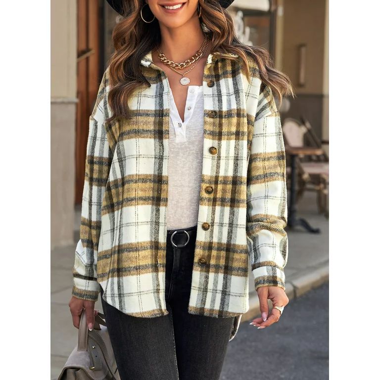 Asyoly Womens Plaid Shirts Flannel Shacket Jacket Long Sleeve Button Down Oversized Shirt Coats W... | Walmart (US)