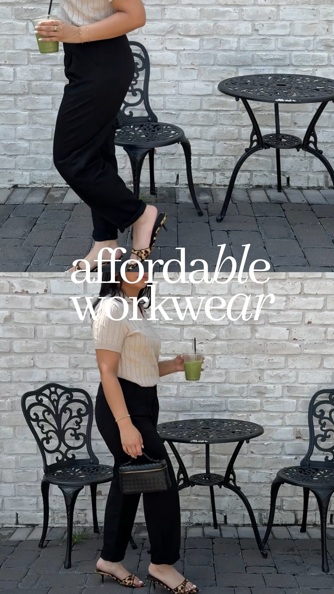 Affordable fall transition workwear 
Collared sweater top: small 
Brown high neck bodysuit: small 
Brown sweater: small 
Black work pants: small 
Heels: 6.5 
Black woven vanity purse 

#LTKPetite #LTKWorkwear #LTKFindsUnder100