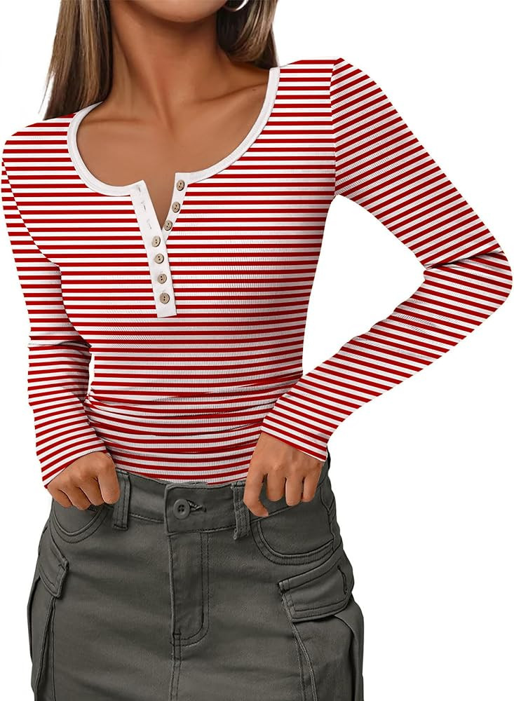Zeagoo Womens Long Sleeve Henley T Shirts Button Ribbed Knit Slim Fitted Tee Tops Basic Casual Wo... | Amazon (US)