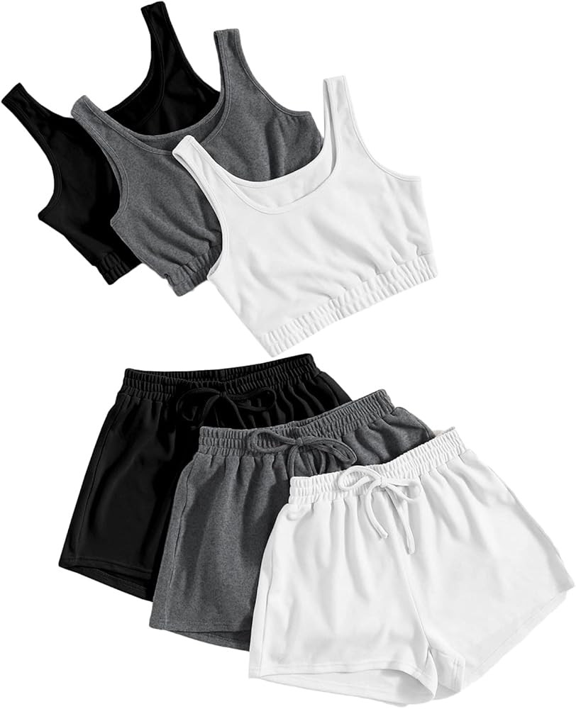 SheIn Women's 6 Pieces Outfits Crop Tank Top and Elastic Waist Shorts Lounge Set | Amazon (US)