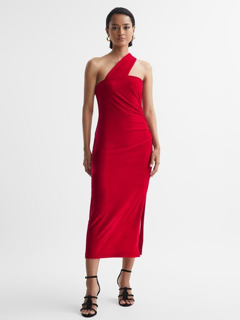 Reiss Red Abbey Velvet One-Shoulder Midi Dress | Reiss US