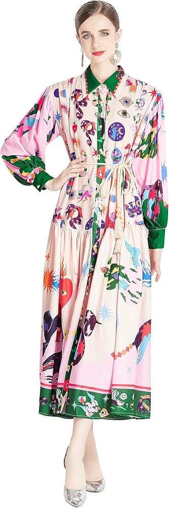 LAI MENG FIVE CATS Women's Floral Print Long Sleeve Flowy Casual Button Up Maxi Dress with Belt | Amazon (US)