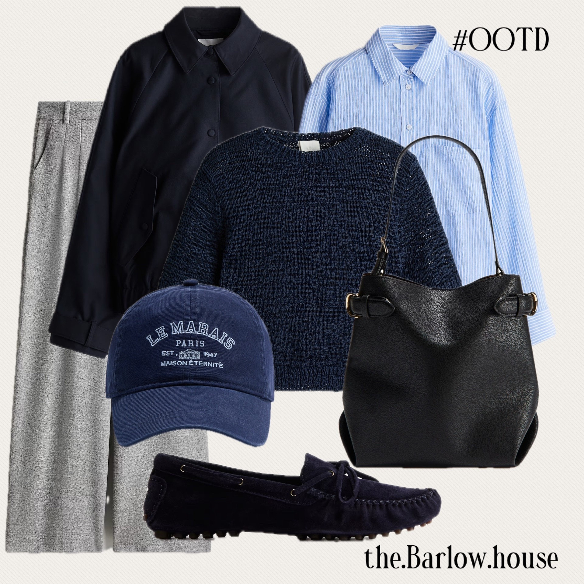 Navy, Grey, Light Blue Layered Outfit 
Driving shoes, black bag, H&M, outfit on a budgett

#LTKOver40 #LTKmomlife #LTKootd