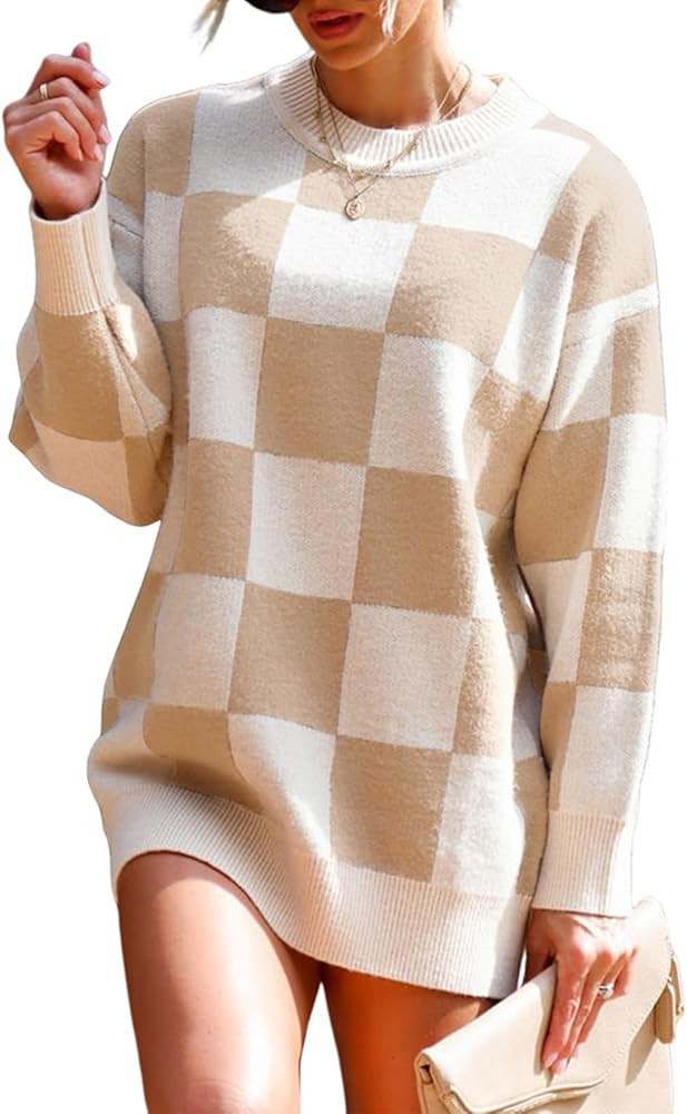 Dokotoo Womens Sweater Dress Crewneck Casual Checkered Long Sleeve Cable Knit Pullover Sweaters | Amazon (US)