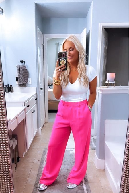 Todays lunch and running errands outfit 
Hot pink pants - size medium 
White shirt from Walmart - medium 
Sneakers aren’t super comfy btw 

#LTKStyleTip #LTKSaleAlert #LTKWorkwear