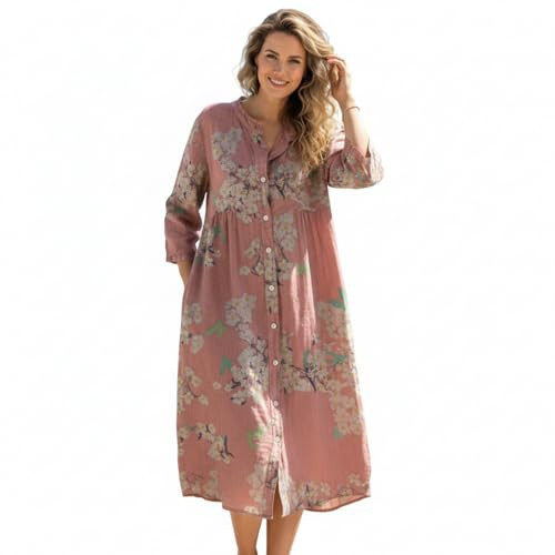 Women's Spring Long Sleeve Shirt Dress Pink Cherry Blossom Pattern with Pockets Romantic Casual Button Down Dresses | Amazon (US)