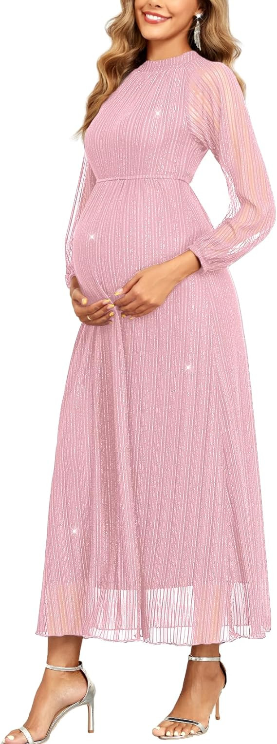 Maternity Sparkly Dress Halter Neck A Line Long-Sleeve Raglan Pregnancy Dresses Semi Formal Baby ... | Amazon (US)