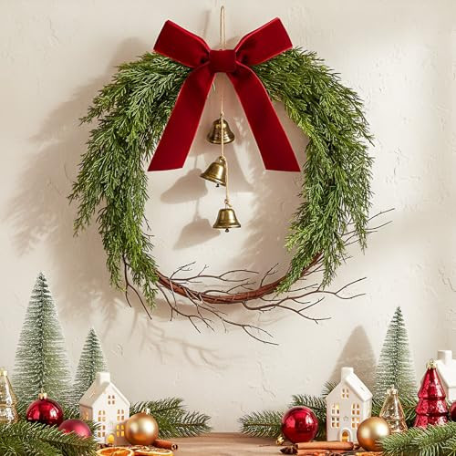 Suncalla 12 Inch Christmas Cypress Wreath with Red Velvet Ribbon Twig and Hanging Bells Christmas Wreath for Front Door Farmhouse Rustic Window Table Wall Mantel Holiday Xmas Decorations | Amazon (US)