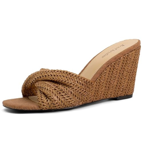 Women's Wedges Slippers Raffia Heels Slip on Comfy Evening Dress Sandals Square Toe Shoes for Wom... | Amazon (US)