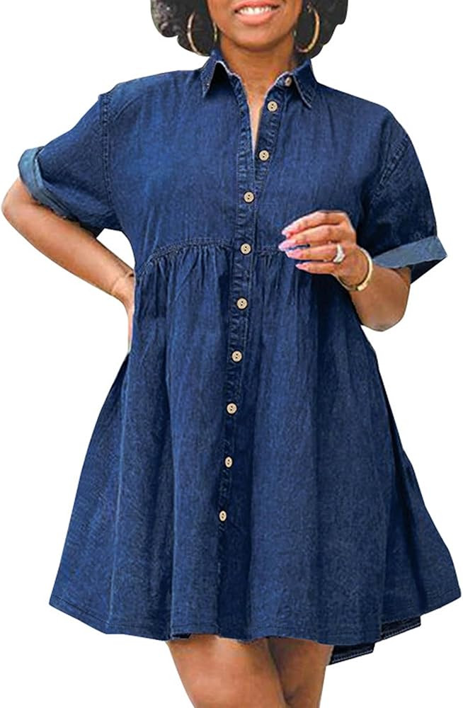 Sexyshine Women's Plus Size Denim Babydoll Dress Short Sleeve Button Down Flowy Tiered Jeans Shir... | Amazon (US)