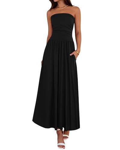 BTFBM Summer Maxi Dresses for Women 2025 Strapless Ruched Tube Top Flowy Beach Vacation Wedding Guest Fall Dress Pockets (Black, Large) | Amazon (US)
