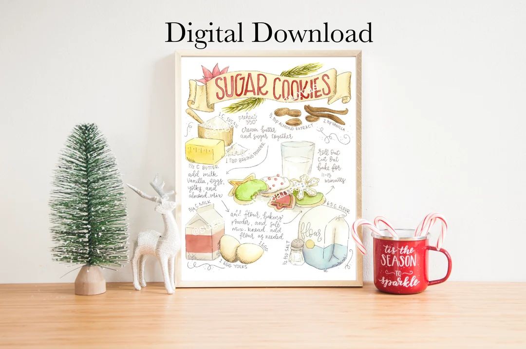 Christmas Sugar Cookies Illustrated Recipe Art Watercolor - Etsy | Etsy (US)