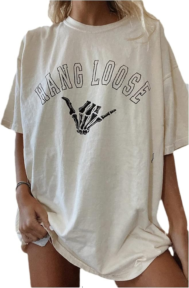 Fenxxxl Womens Round Neck Oversized Tshirts Loose Casual Summer Shirts Junior Tops Boyfriend Grap... | Amazon (US)