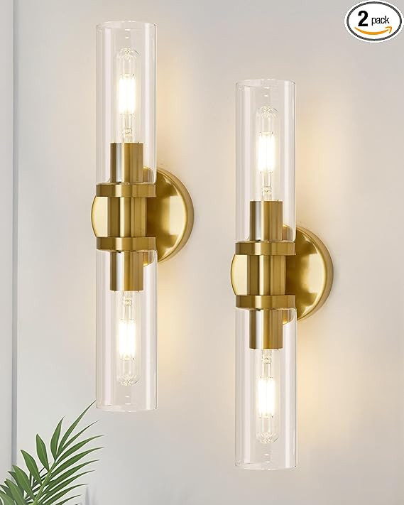 Gold Vanity Lights 2 - ETL Certified, Hardwire, Modern Bathroom Wall Sconces Set of Two with Glas... | Amazon (US)