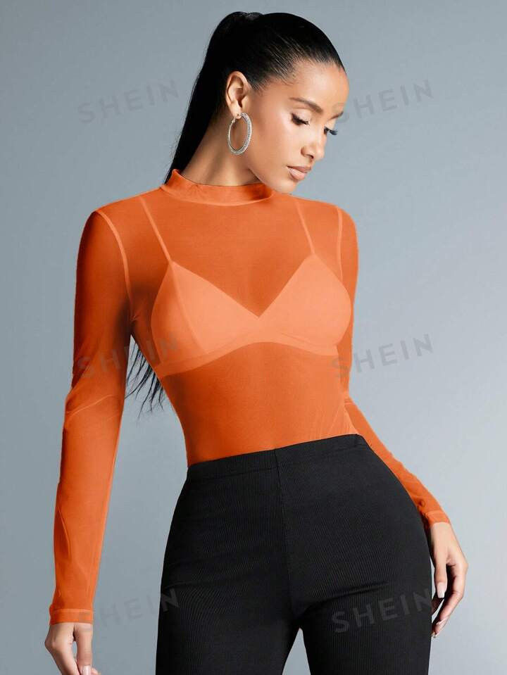 SHEIN BAE Mesh Round Neck Slim Fit Long Sleeve Top | SHEIN