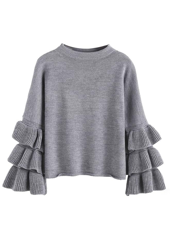 MAKEMECHIC Women's Layered Ruffle Sleeve Pullover Sweater | Amazon (US)