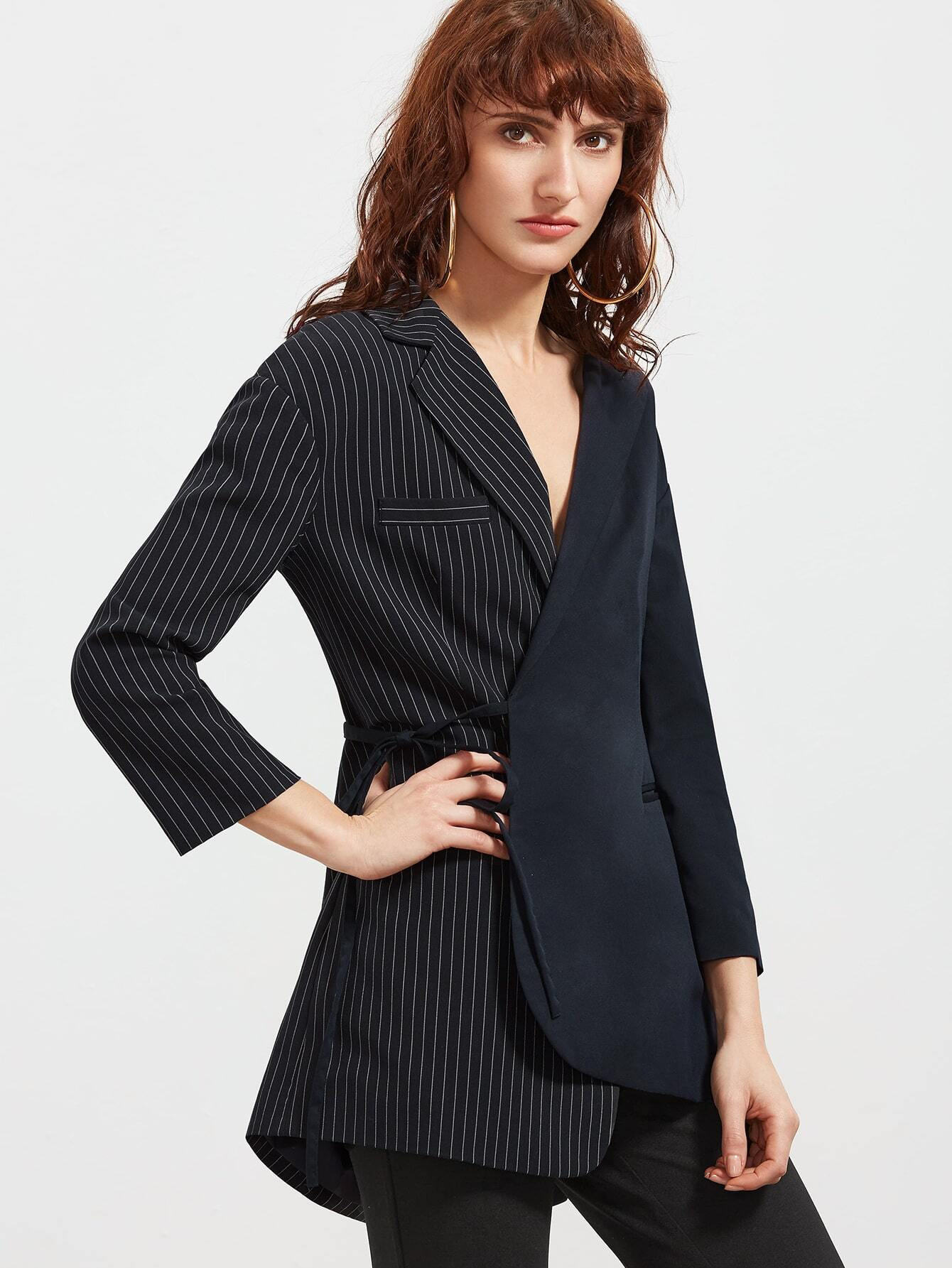 Contrast Pinstripe Asymmetric Wrap Blazer | SHEIN