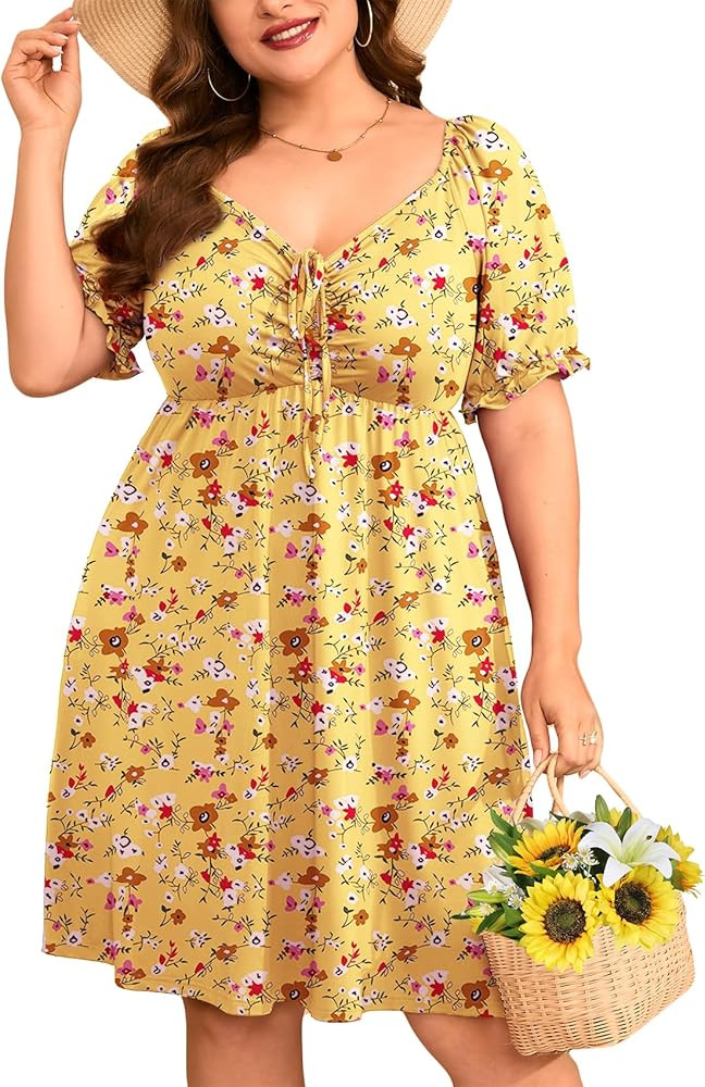 ZOMVA 2025 Plus Size Dress for Curvy Women Tie Front Sweetheart Neck Puff Short Sleeve Swing A Li... | Amazon (US)