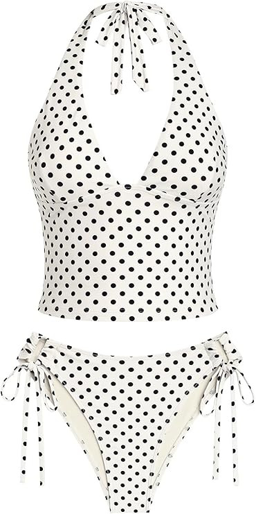 seamoly Vintage Eyelet Jacquard Textured Bowknot Decor Halter Tie Side Tankini Set | Amazon (US)