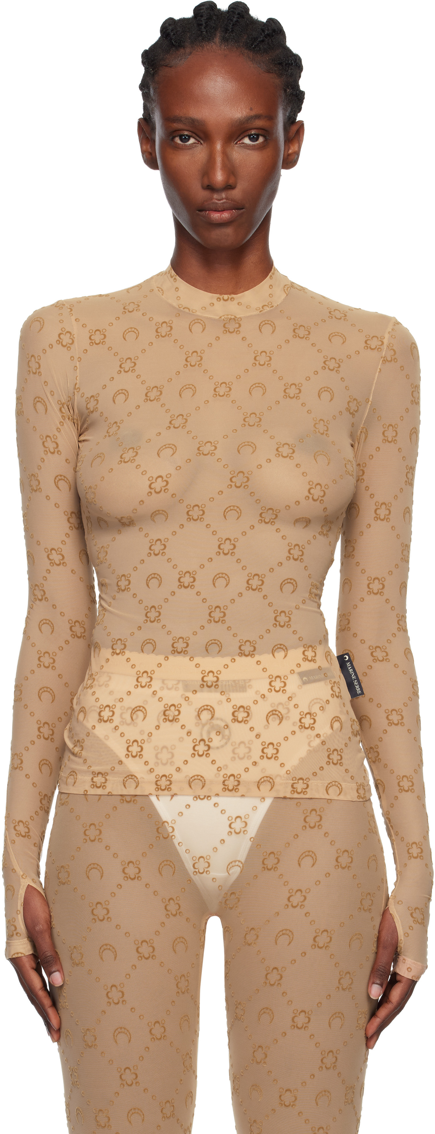 Marine Serre Tan Recycled Mesh Flock Second Skin Highneck Top | SSENSE