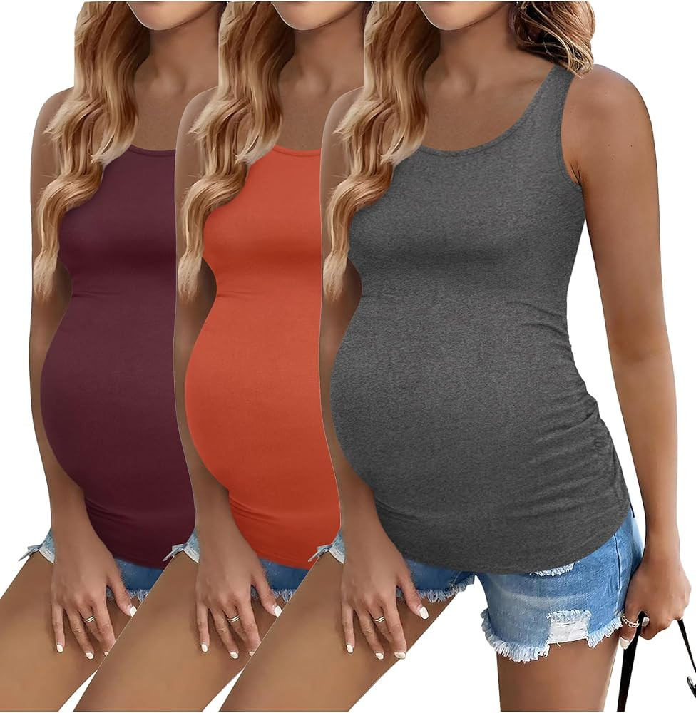 Ekouaer 3 Pack Women Maternity Tank Tops Ruch Side Basic Shirts Summer Postpartum Tops Sleeveless... | Amazon (US)