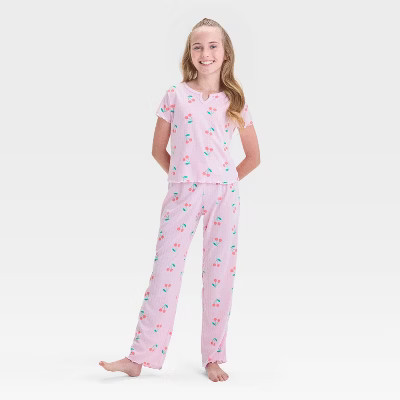 Girls' 2pc 'Cherries' Short Sleeve Ribbed Pajama Set - Cat & Jack™ Pink M | Target