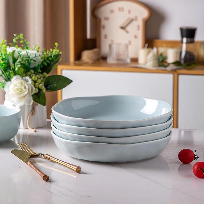 LERATIO 9.75 Ceramic Flat Pasta Bowls,Wavy Rim 38oz Large Wide Bowls Set of 4 for Kitchen,Modern ... | Amazon (US)