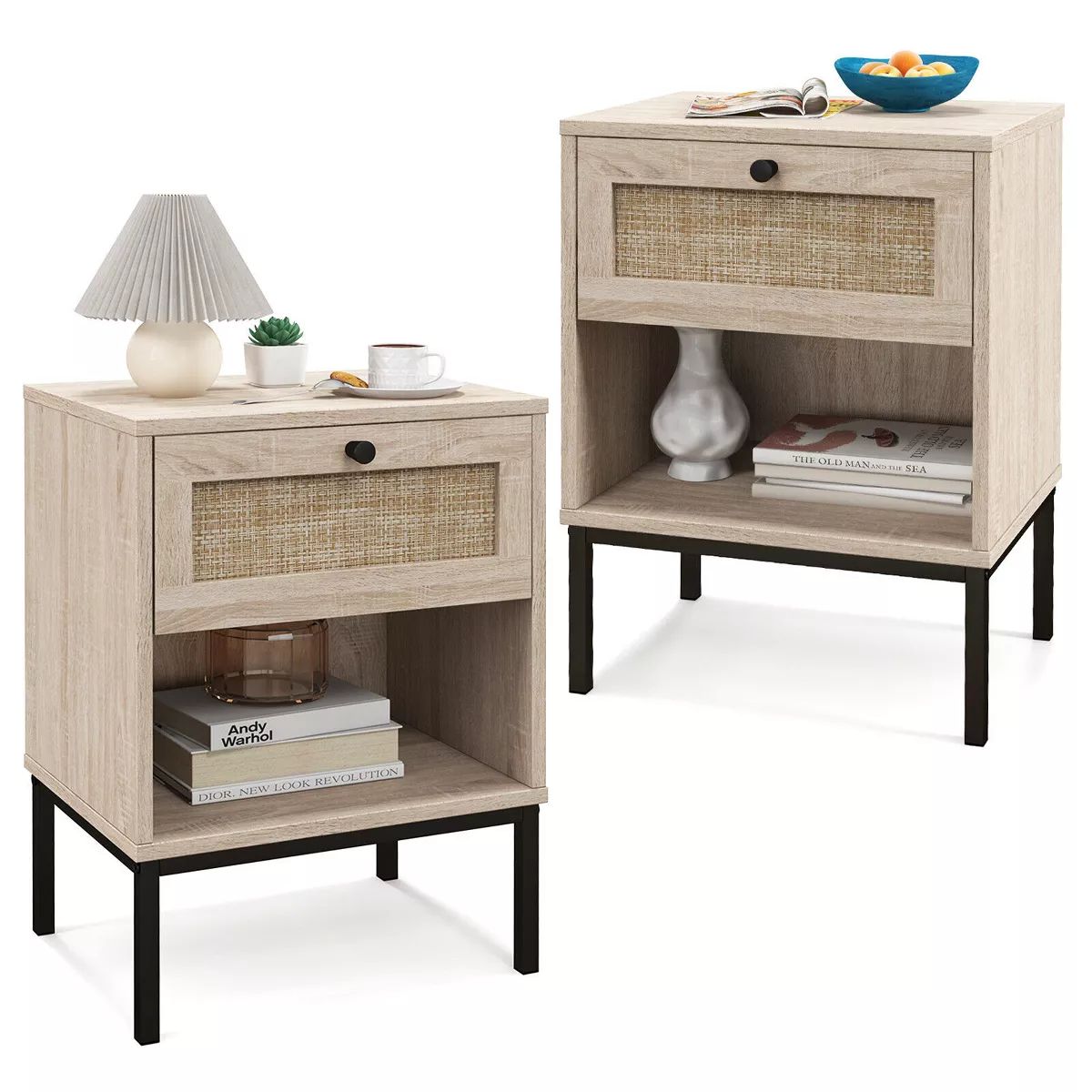 Tangkula 2PCS Rattan Nightstand Boho End Table w/ Drawer & Open Shelf for Living Room Oak | Target