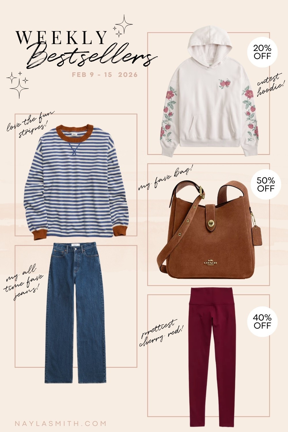 Weekly Bestsellers Feb 9-15 • Striped top (so soft, I wear L), my fave dark wash Abercrombie jeans (I wear 32 for a looser fit), strawberry hoodie (have in another color, sized up to XL), my go everyday Coach bag, deep cherry leggings (I wear L). Winter to spring fashion


#LTKsale #LTKbag #LTKstyletip